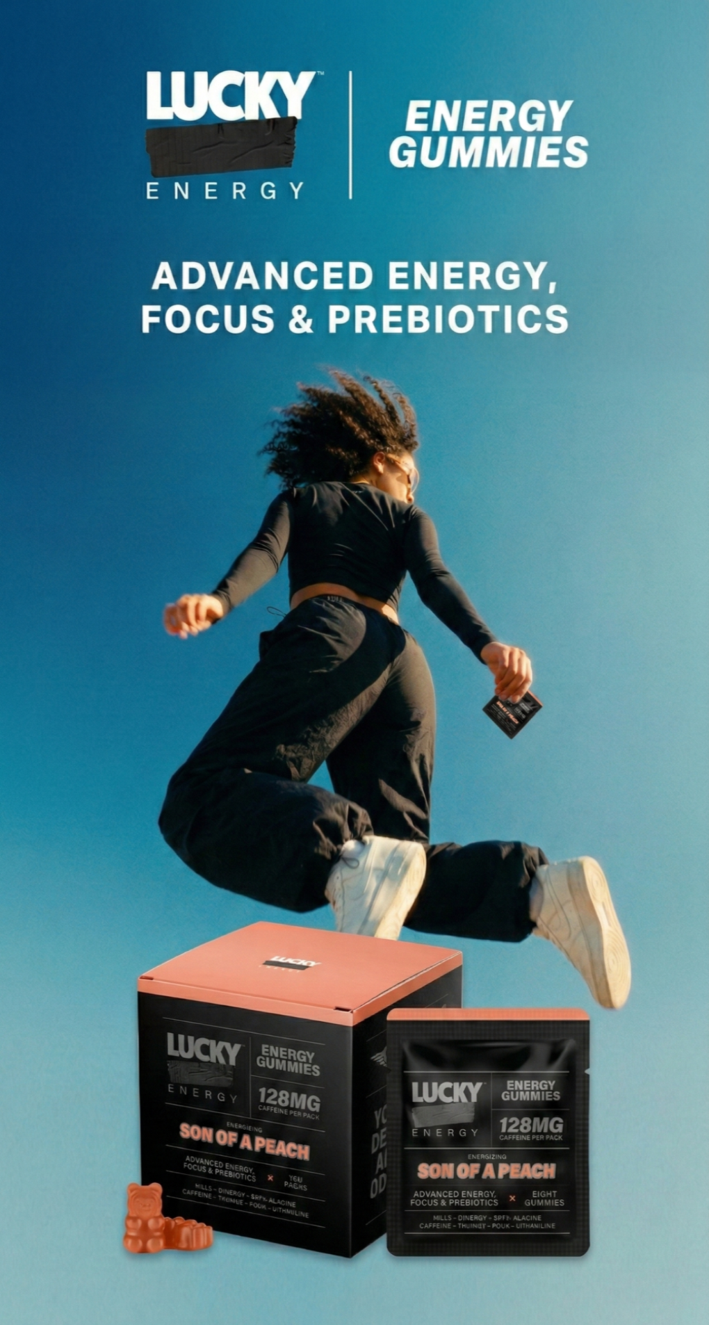 Advertisement for Lucky Energy Gummies with a person jumping, set against a blue gradient background.