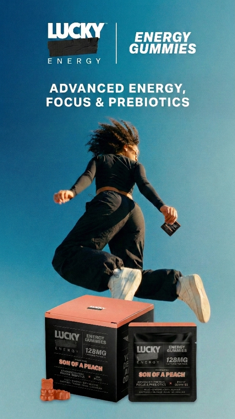 Advertisement for Lucky Energy Gummies with a person jumping, set against a blue gradient background.